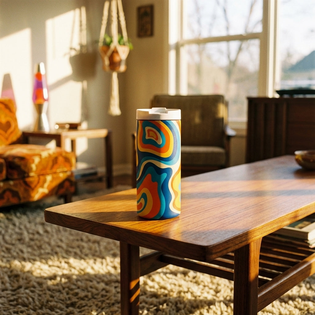 Lifestyle shot - Grouse 12 oz insulated tumbler featuring a retro 1970s psychedelic swirl pattern in orange, blue, and cream on a teak table.
