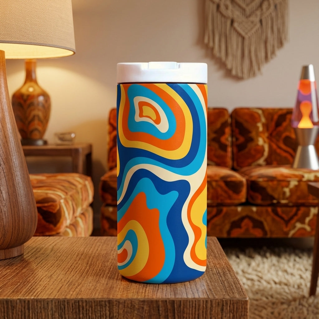 Grouse 12 oz insulated tumbler featuring a retro 1970s psychedelic swirl pattern in orange, blue, and cream on a teak table.