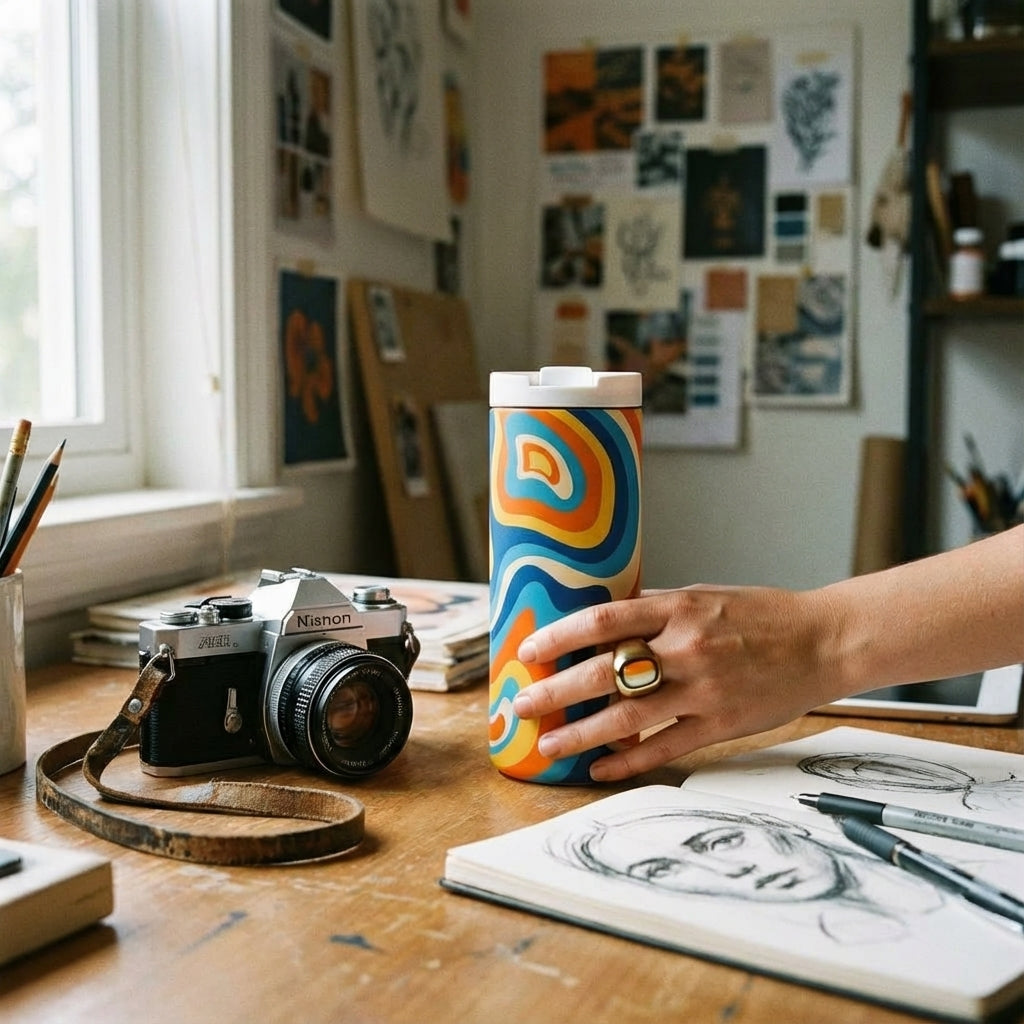 In-Use shot - Grouse 12 oz insulated tumbler featuring a retro 1970s psychedelic swirl pattern in orange, blue, and cream on a teak table.