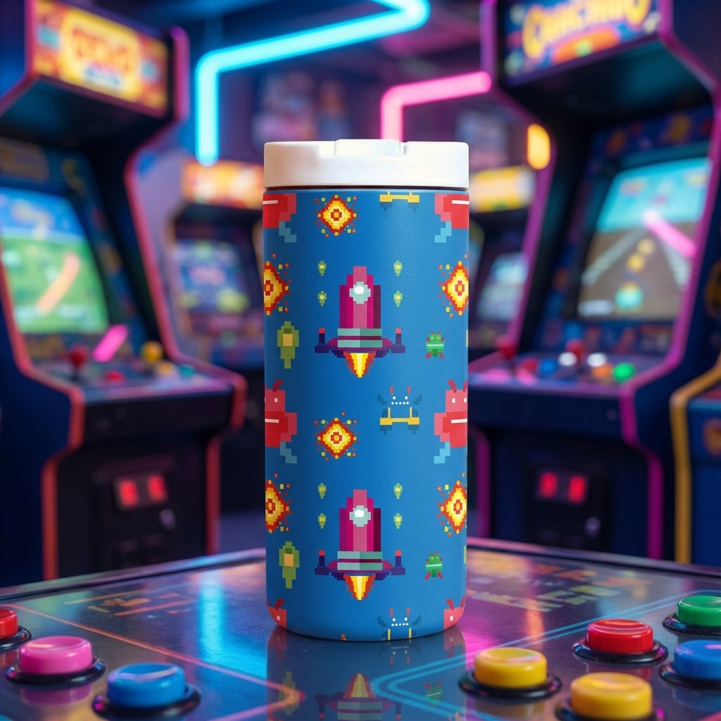 Blue LAMOSE Grouse 12 oz tumbler featuring pixel art robots, aliens, and rockets sitting on a vintage arcade game control panel.