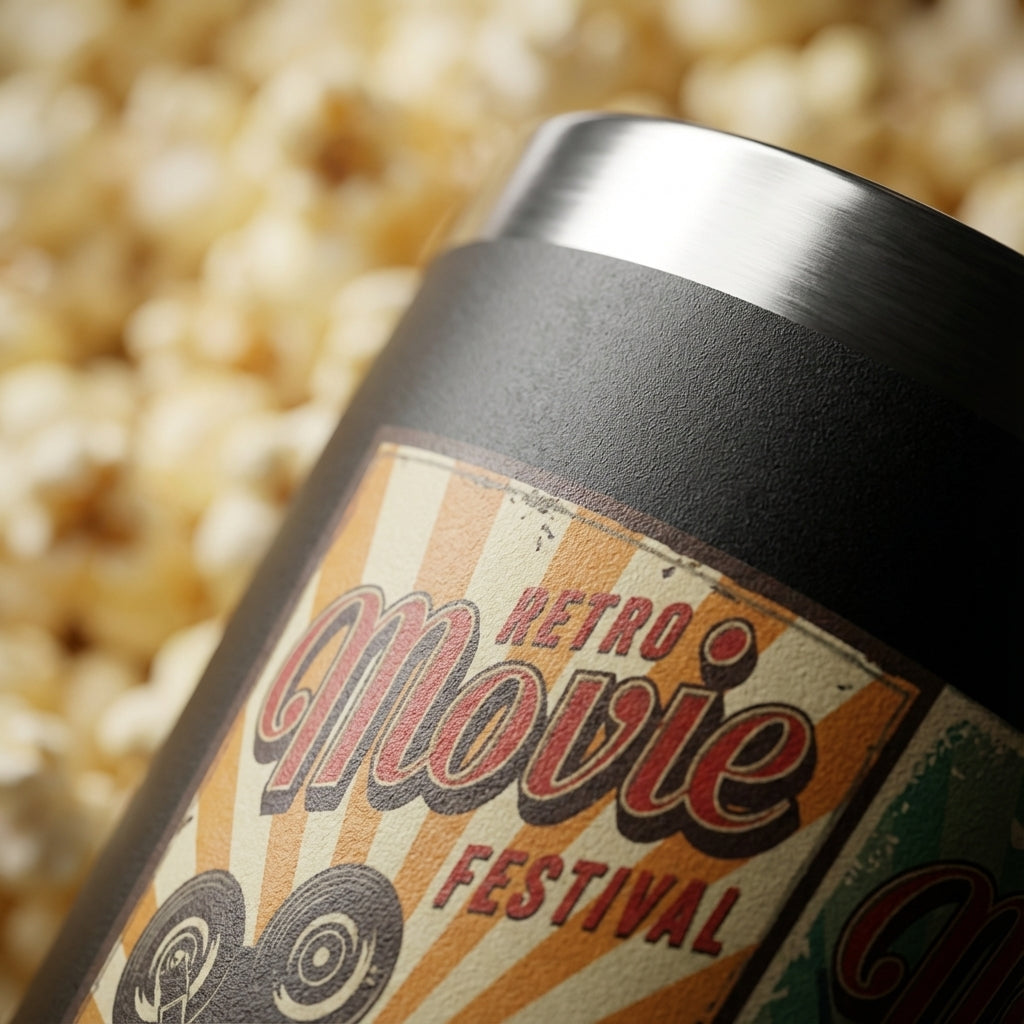 Detail shot - LAMOSE Bow 16 oz tumbler featuring a vintage collage of horror movie posters, film reels, and popcorn tickets on a cream background