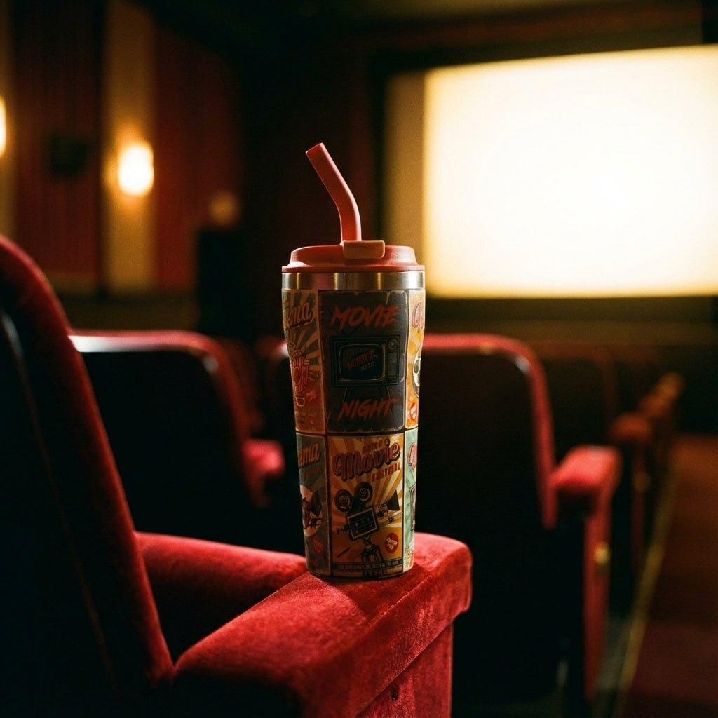 Lifestyle shot - LAMOSE Bow 16 oz tumbler featuring a vintage collage of horror movie posters, film reels, and popcorn tickets on a cream background