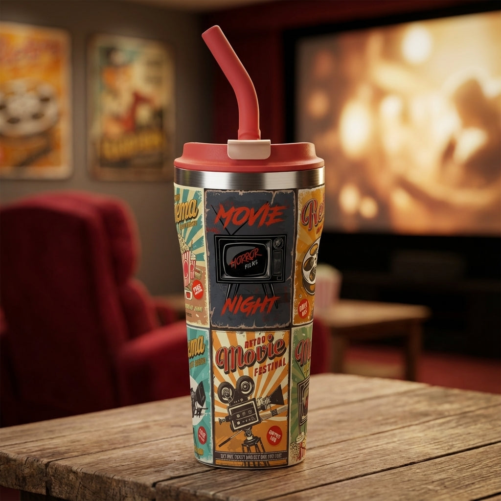 LAMOSE Bow 16 oz tumbler featuring a vintage collage of horror movie posters, film reels, and popcorn tickets on a cream background
