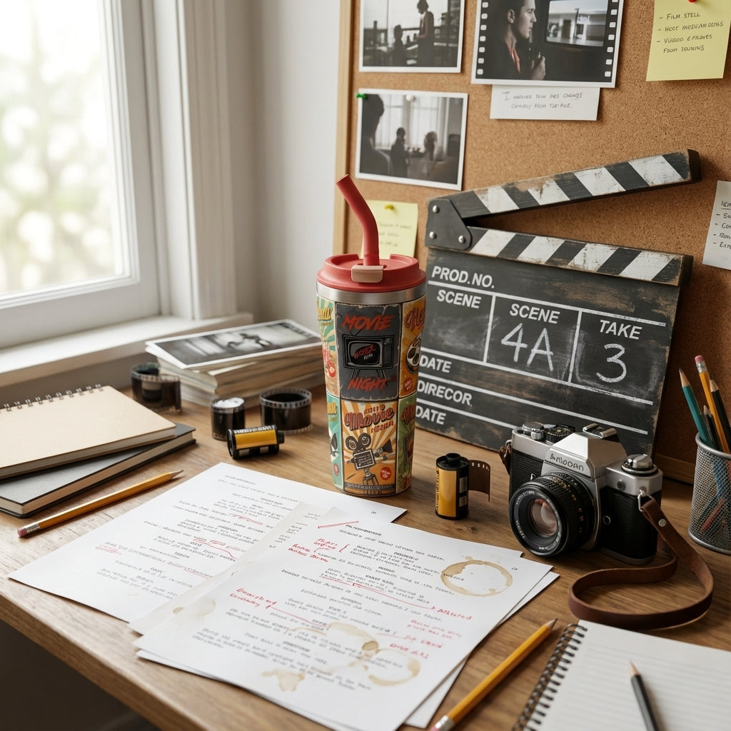 In-Use shot - LAMOSE Bow 16 oz tumbler featuring a vintage collage of horror movie posters, film reels, and popcorn tickets on a cream background