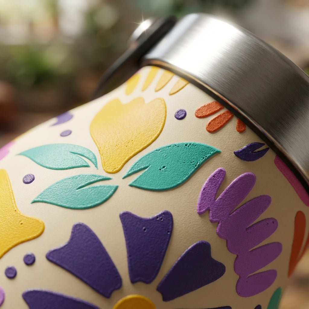 Detail shot - Cream colored LAMOSE Robson 21 oz water bottle featuring vibrant abstract purple, teal, and orange floral pattern sitting on a bohemian rug.