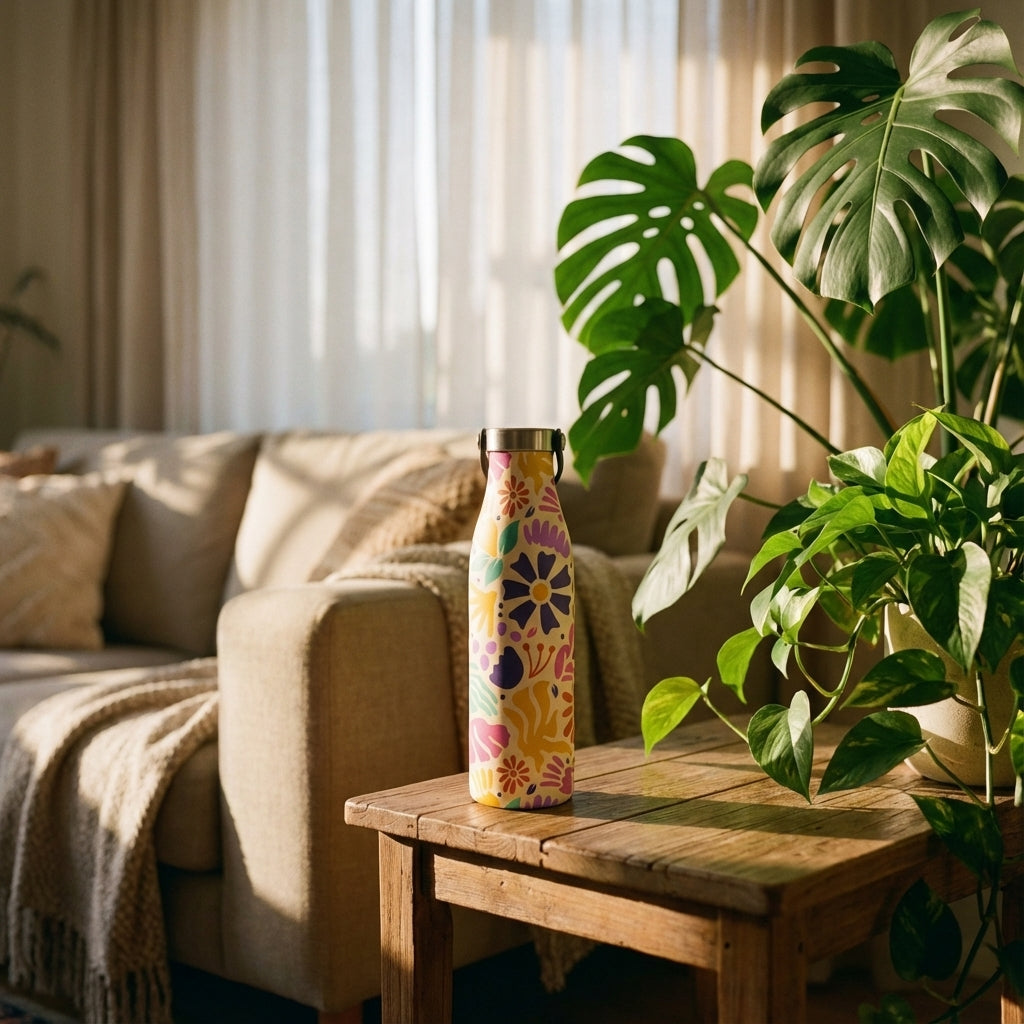 Lifestyle shot - Cream colored LAMOSE Robson 21 oz water bottle featuring vibrant abstract purple, teal, and orange floral pattern sitting on a bohemian rug.