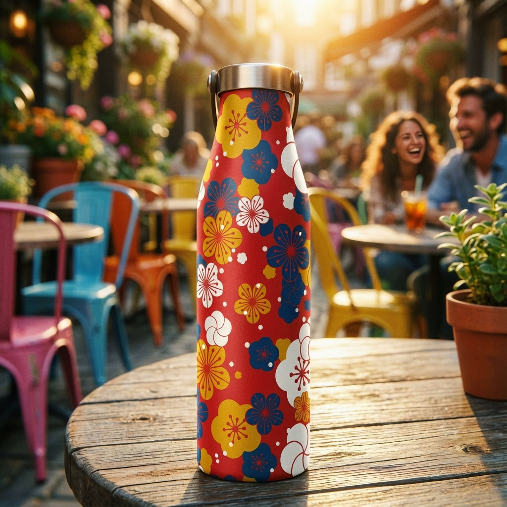 Lifestyle shot - Robson 21 oz red stainless steel water bottle with yellow and blue floral pattern sitting on a wooden outdoor café table in the sun.