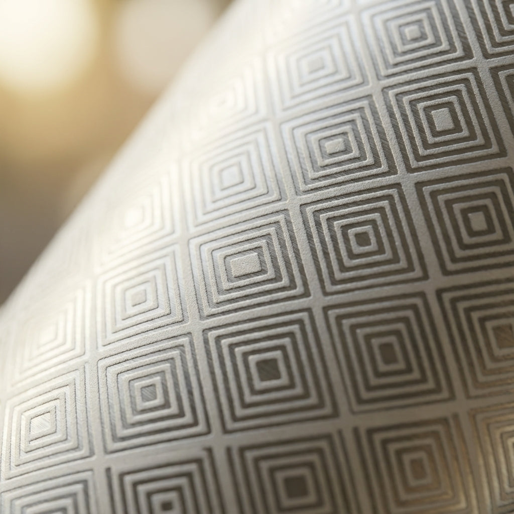 Detail shot - Robson 21oz insulated stainless steel bottle featuring a grey concentric square diamond pattern standing on a wooden office desk next to a plant.