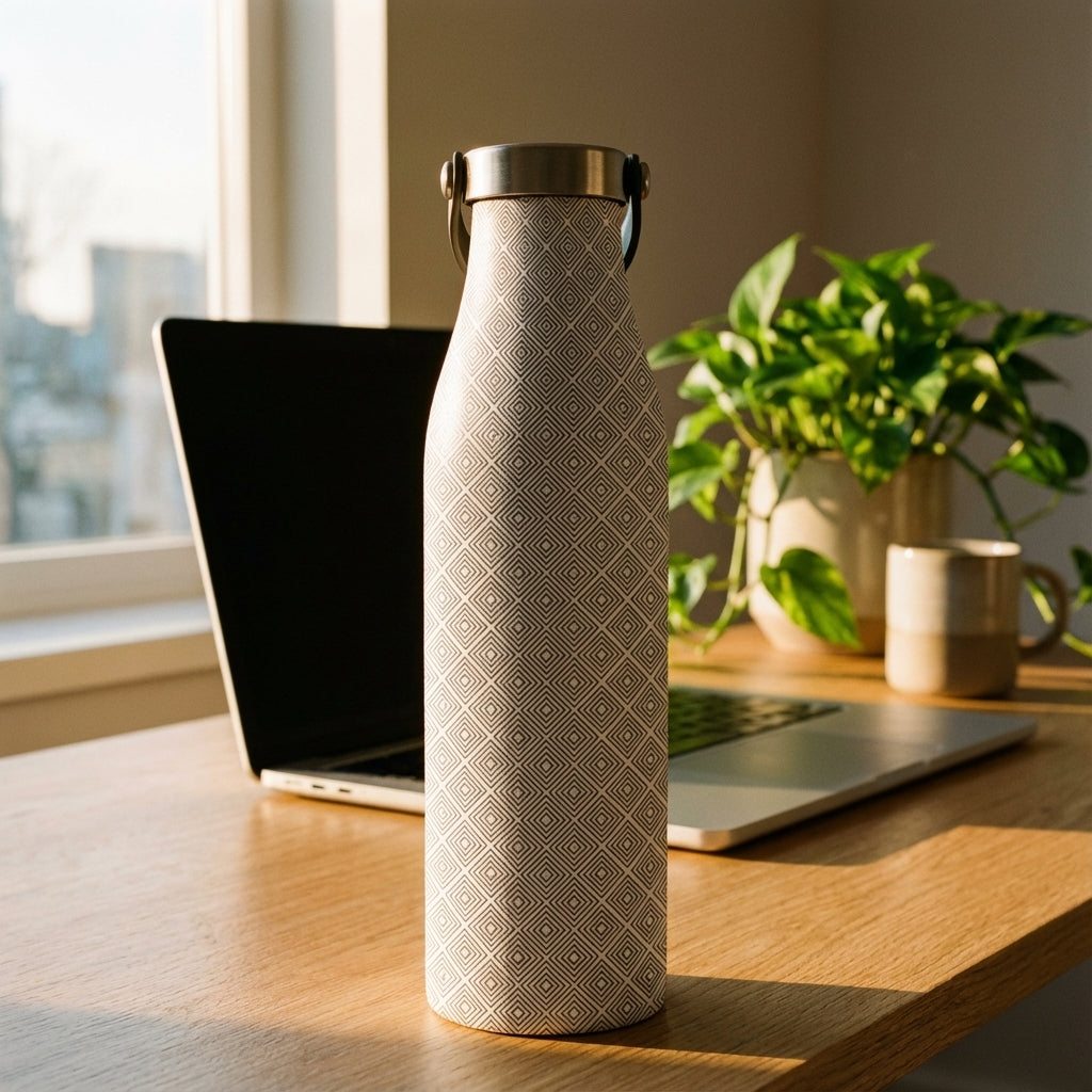 Lifestyle shot - Robson 21oz insulated stainless steel bottle featuring a grey concentric square diamond pattern standing on a wooden office desk next to a plant.
