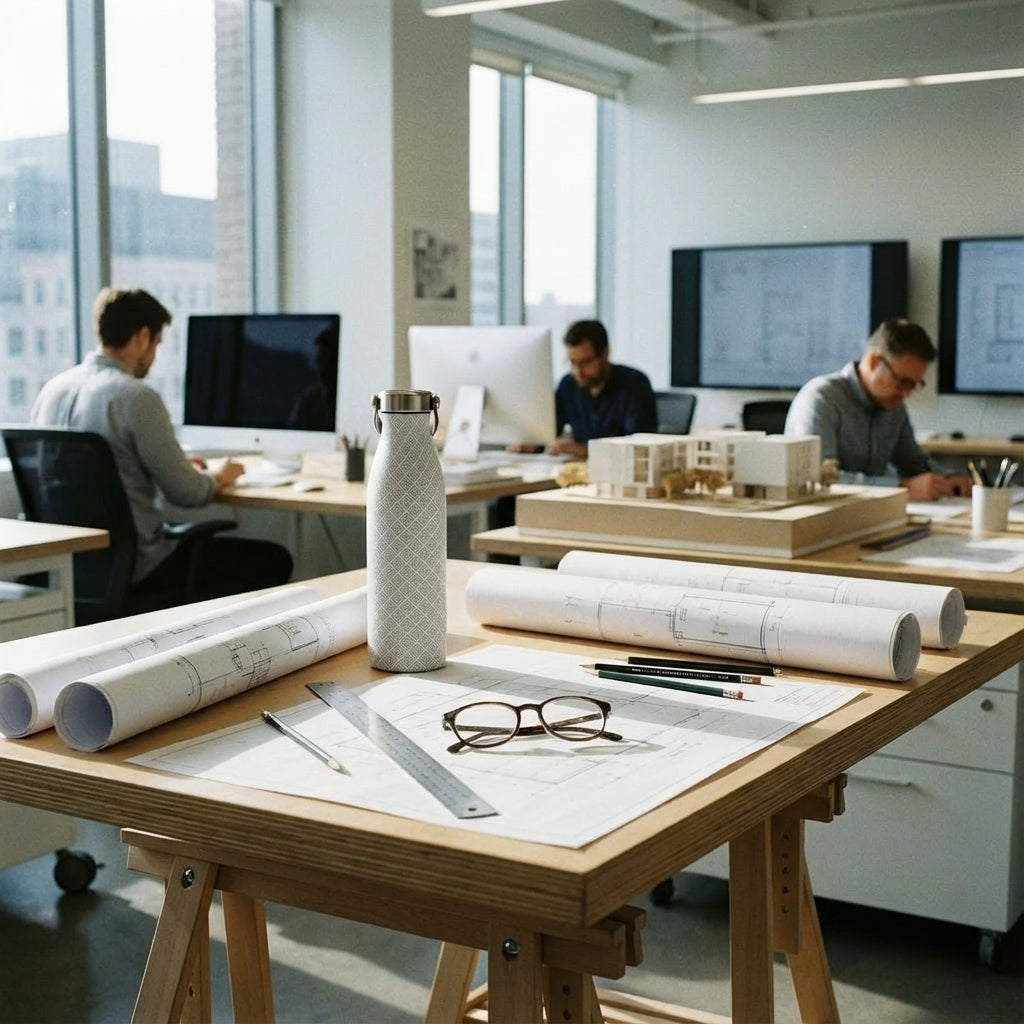 In-Use shot - Robson 21oz insulated stainless steel bottle featuring a grey concentric square diamond pattern standing on a wooden office desk next to a plant.