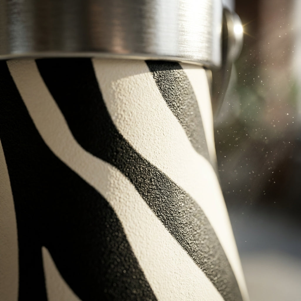 Detail shot - Robson 21oz water bottle featuring a black and cream zebra pattern, standing on a concrete surface in a sunlit industrial loft.