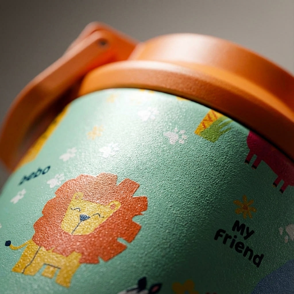 Detail shot - Light green LAMOSE Goose 14oz water bottle with orange lid featuring a pattern of cartoon safari animals including giraffes, lions, and elephants.