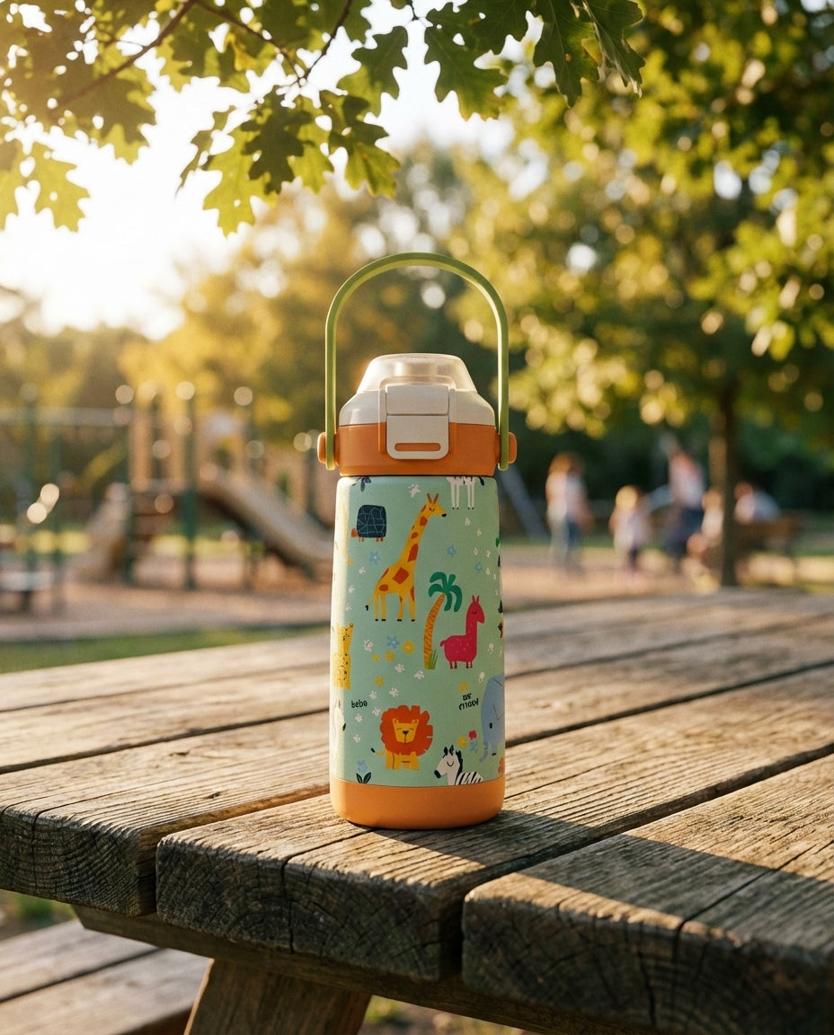 Lifestyle shot - Light green LAMOSE Goose 14oz water bottle with orange lid featuring a pattern of cartoon safari animals including giraffes, lions, and elephants.