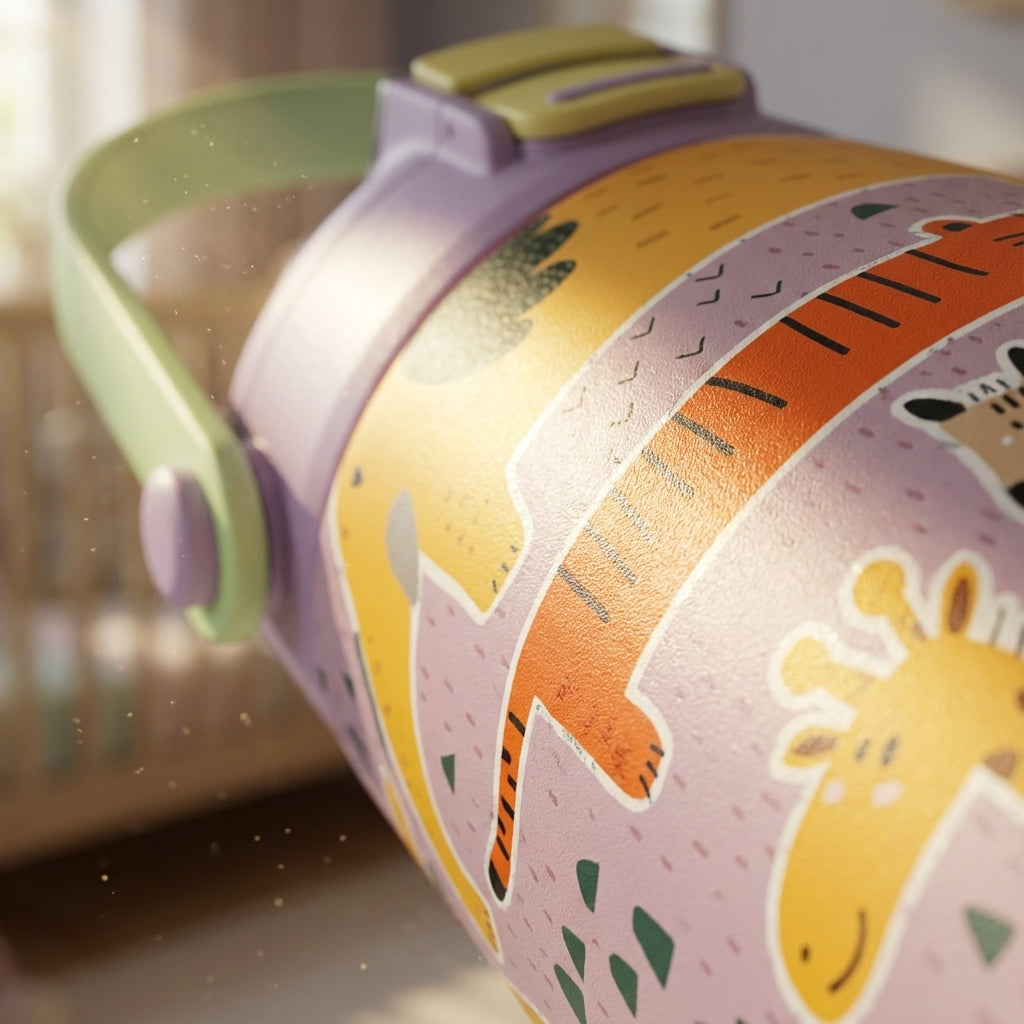 Detail shot - LAMOSE Goose 14 oz kids water bottle in light purple featuring cartoon safari animals like elephants, tigers, and giraffes with a pastel green handle.