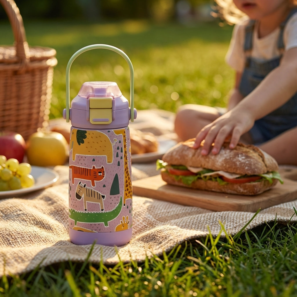 Lifestyle shot - LAMOSE Goose 14 oz kids water bottle in light purple featuring cartoon safari animals like elephants, tigers, and giraffes with a pastel green handle.