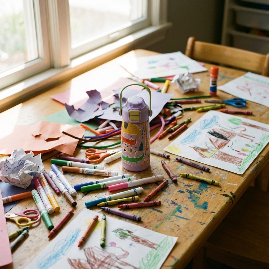 In-Use shot - LAMOSE Goose 14 oz kids water bottle in light purple featuring cartoon safari animals like elephants, tigers, and giraffes with a pastel green handle.