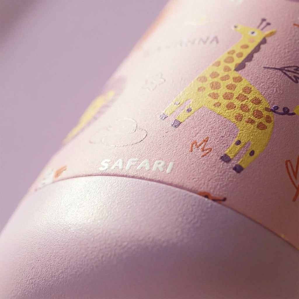 Detail shot - LAMOSE Goose 14oz kids water bottle featuring pink safari animal print with lions and zebras, lavender lid and green handle, sitting among wooden blocks.
