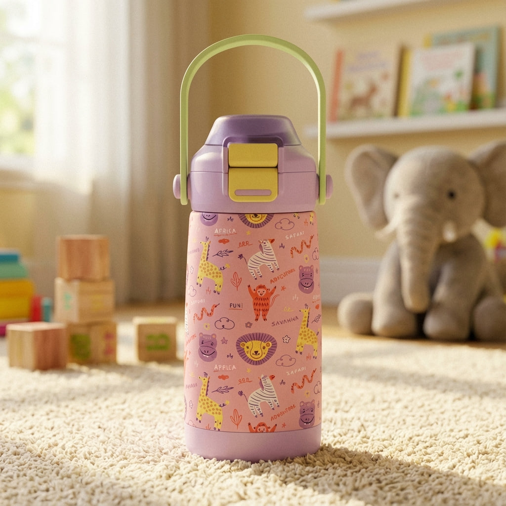 Lifestyle shot - LAMOSE Goose 14oz kids water bottle featuring pink safari animal print with lions and zebras, lavender lid and green handle, sitting among wooden blocks.