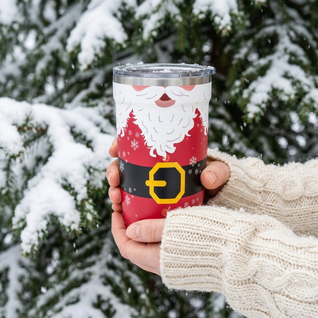 In-Use shot - LAMOSE Peyto 16oz silver stainless steel tumbler featuring a red Santa Claus suit design with black belt, gold buckle, and white snowflakes