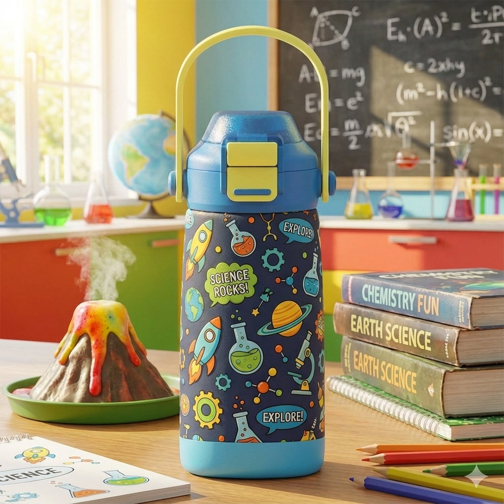 Lifestyle shot - LAMOSE Goose 14oz kids water bottle in dark blue featuring colorful science illustrations like rockets, planets, and microscopes with a yellow handle.