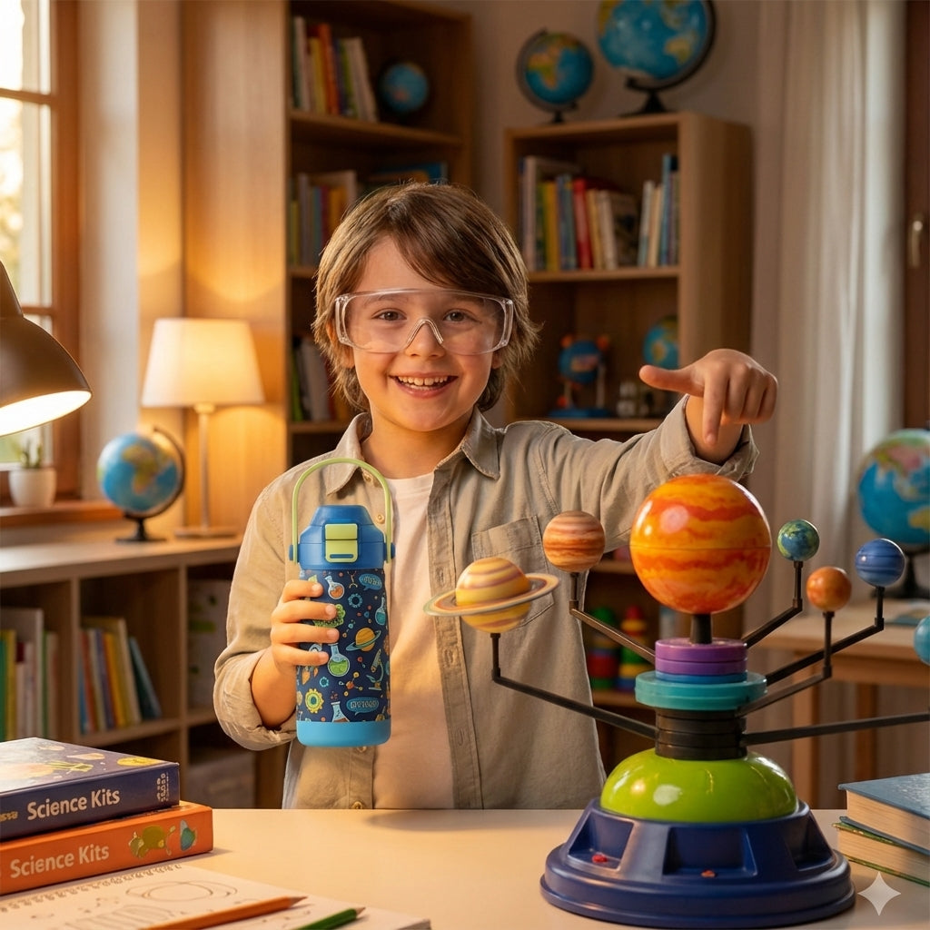 In-Use shot - LAMOSE Goose 14oz kids water bottle in dark blue featuring colorful science illustrations like rockets, planets, and microscopes with a yellow handle.