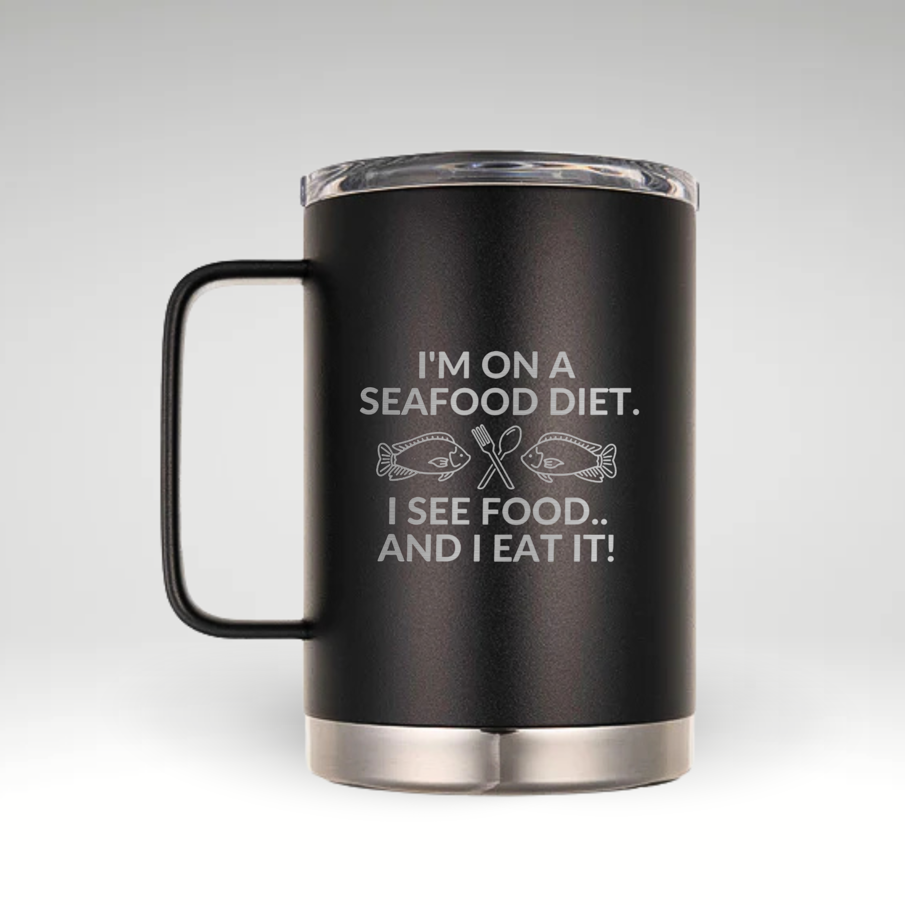 Humorous Seafood Diet Insulated Mug Design Black and white insulated mug with the text I’m on a Seafood Diet. I See Food, And I Eat It! and illustrations of fish and cutlery.