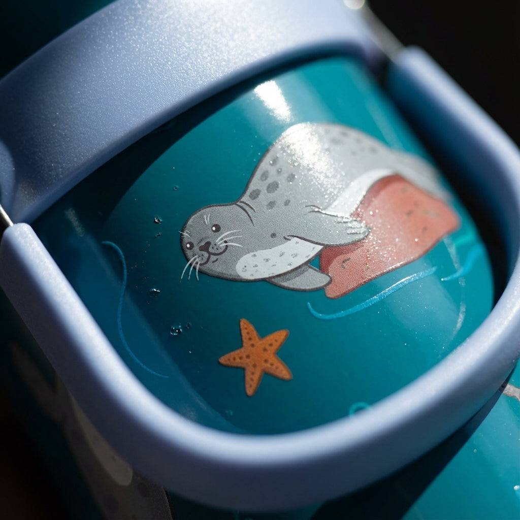 Detail shot - Teal LAMOSE Cascade 40oz tumbler featuring a playful pattern of gray seals, starfish, and seashells with a light blue handle and lid.