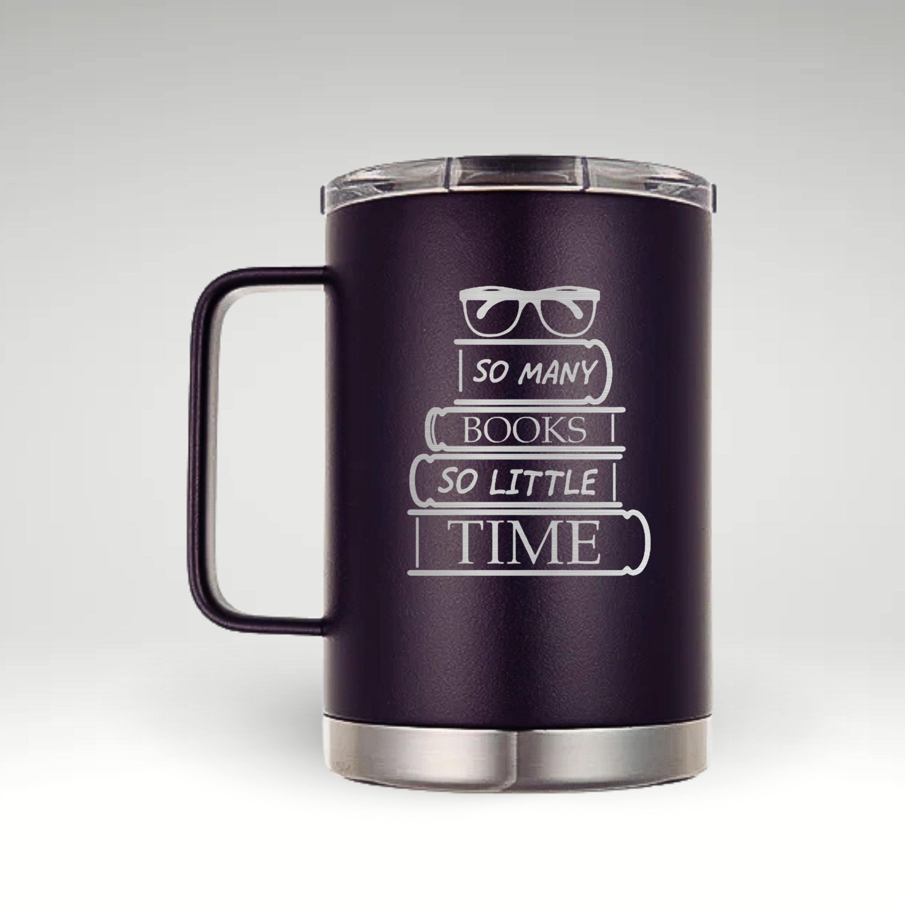 So Many Books, So Little Time Insulated Mug Insulated mug with a stylish stack of books and glasses, featuring the phrase 'So many books, so little time' for avid readers.