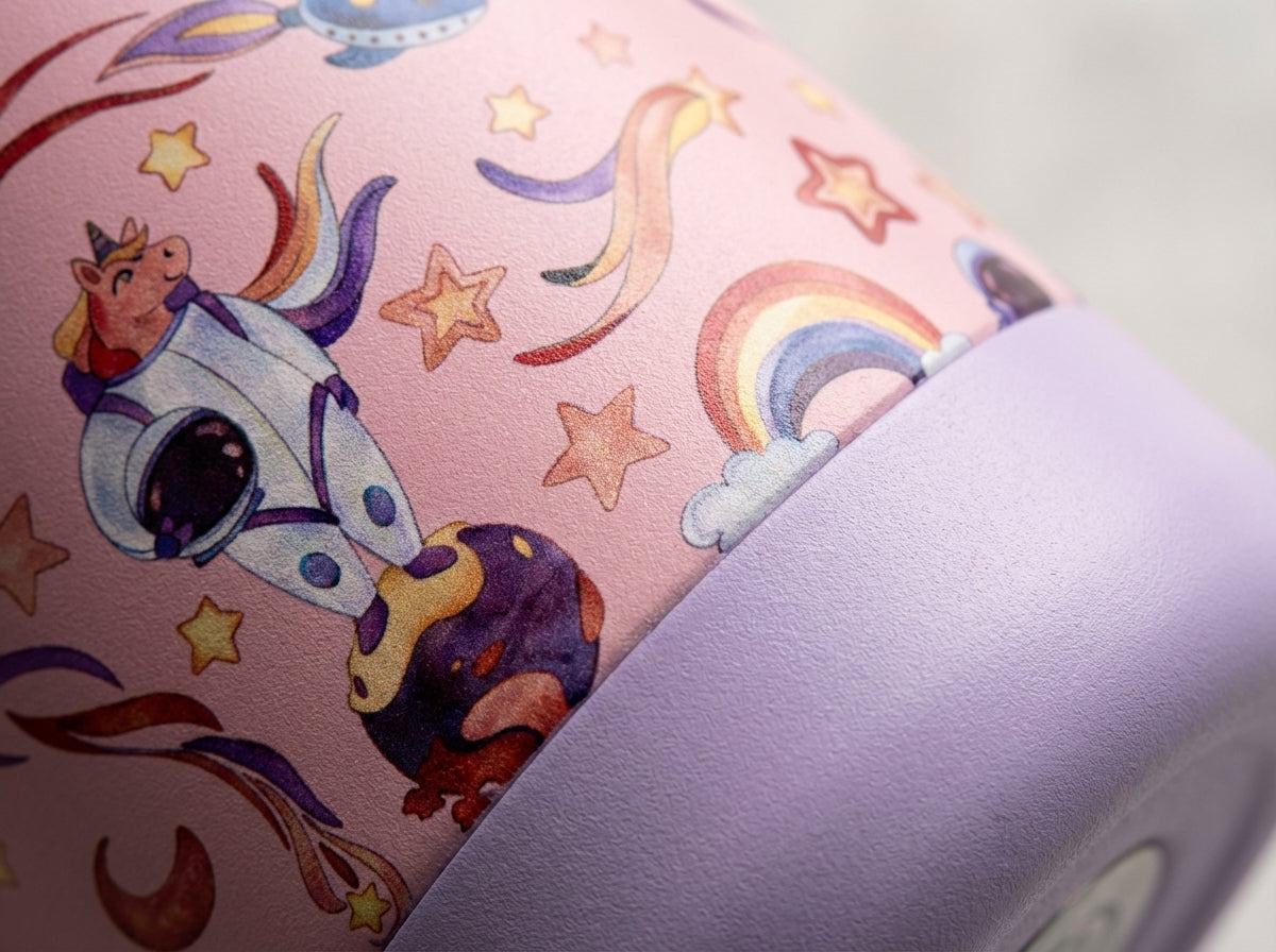 Detail shot - Pink LAMOSE Goose 14oz kids water bottle featuring unicorns in astronaut suits, planets, and rainbows, with a lavender base and light green handle.