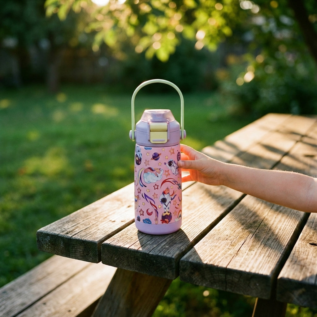 Lifestyle shot - Pink LAMOSE Goose 14oz kids water bottle featuring unicorns in astronaut suits, planets, and rainbows, with a lavender base and light green handle.
