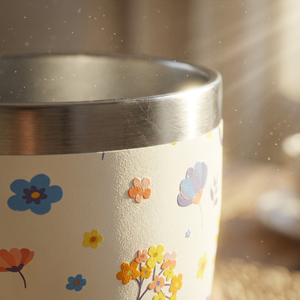 Detail shot - Off-white 16 oz stainless steel tumbler with colorful small floral pattern and coral pink lid and straw sitting on a wooden breakfast table.