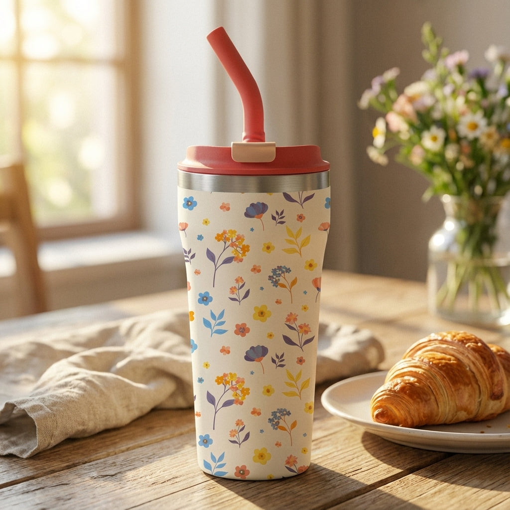 Lifestyle shot - Off-white 16 oz stainless steel tumbler with colorful small floral pattern and coral pink lid and straw sitting on a wooden breakfast table.