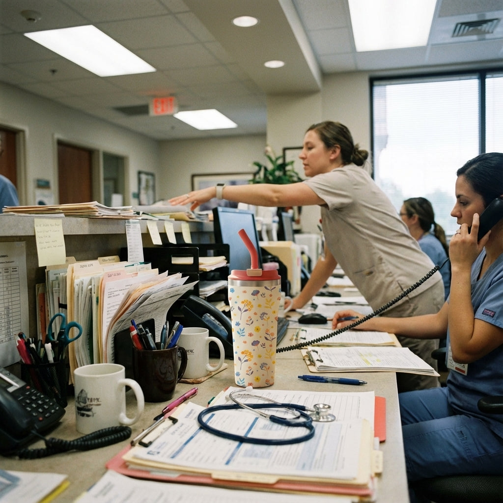 In-Use shot - Off-white 16 oz stainless steel tumbler with colorful small floral pattern and coral pink lid and straw sitting on a wooden breakfast table.