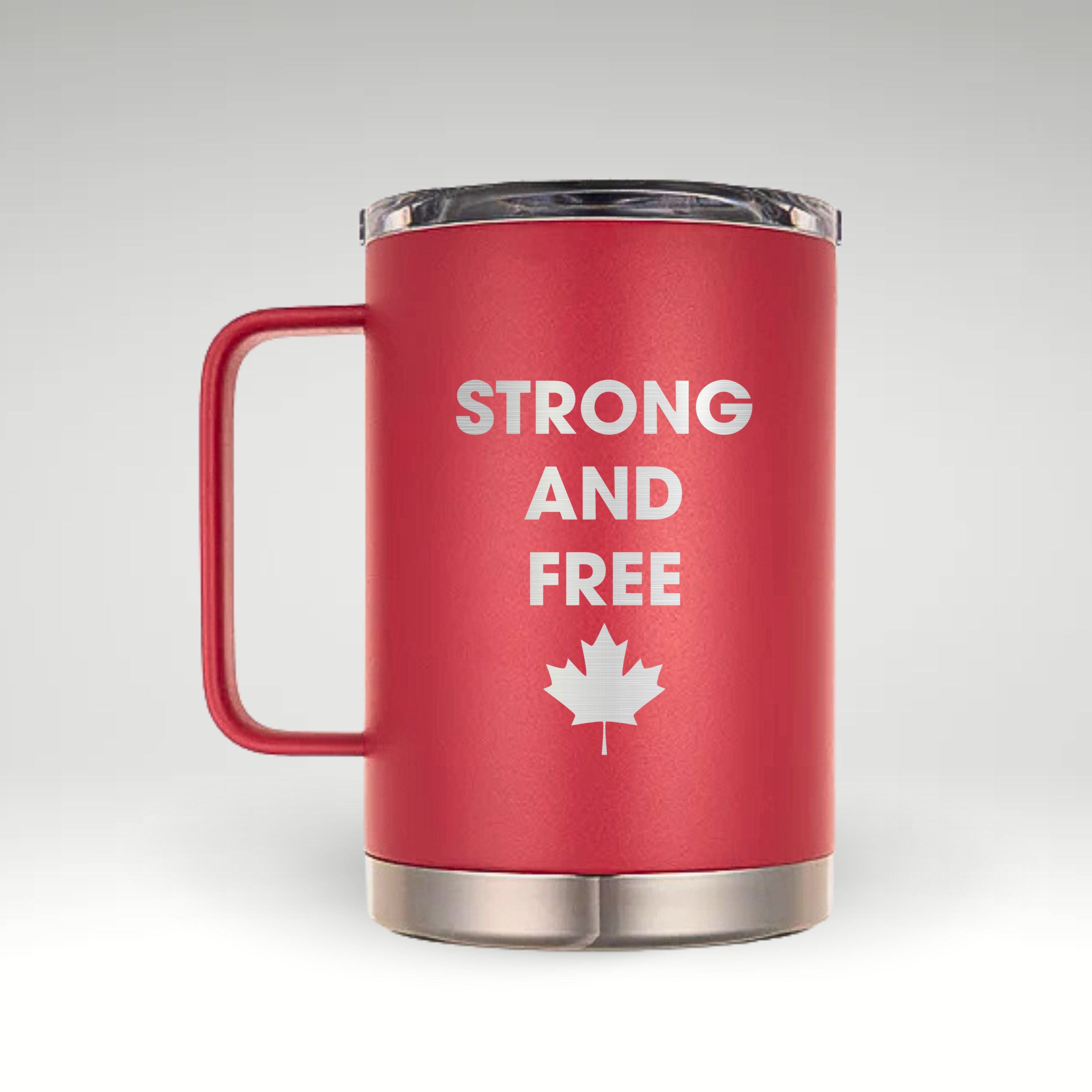 Strong and Free Mug Insulated mug featuring STRONG AND FREE text and a black maple leaf design representing Canadian pride.