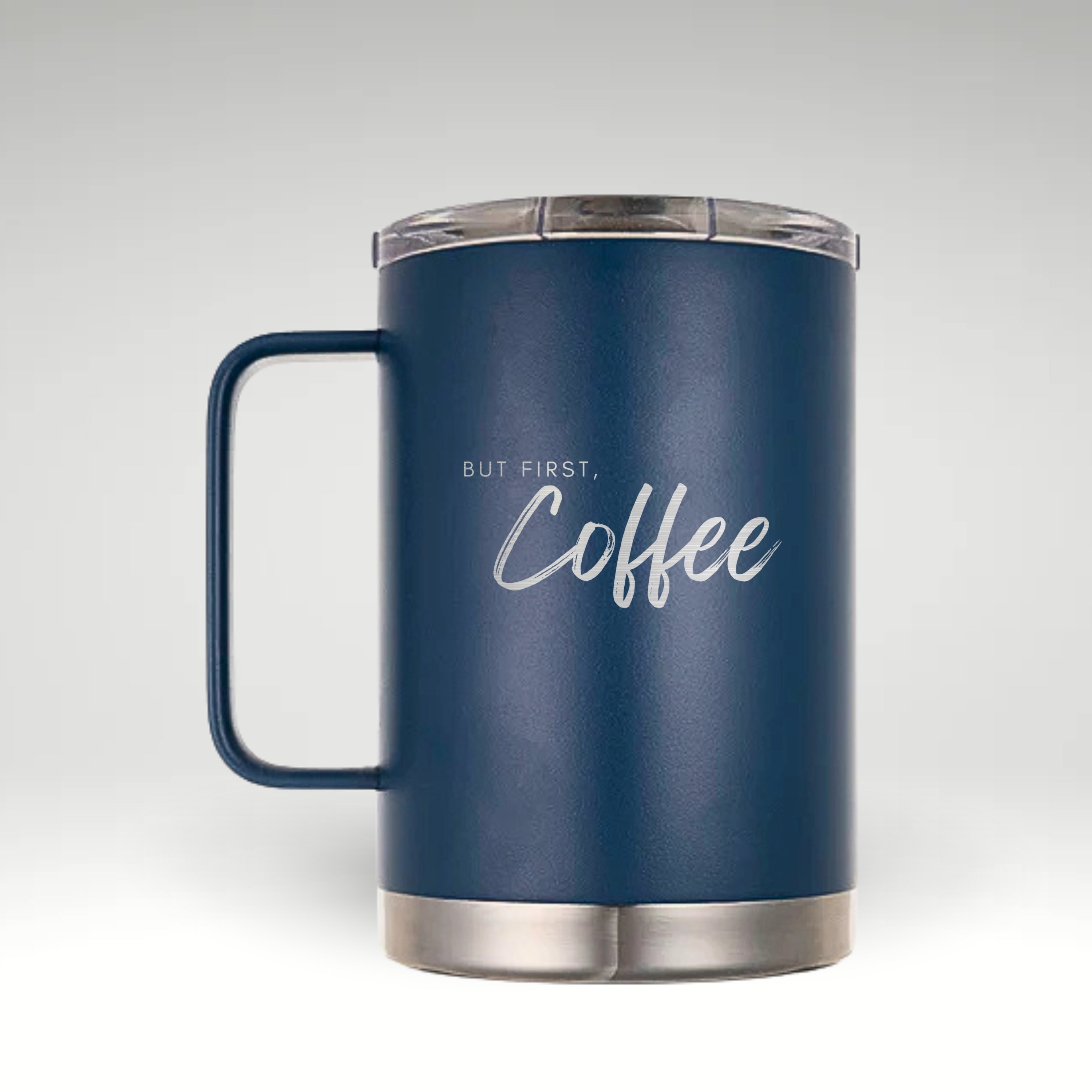 Chic Insulated Coffee Mug Insulated mug with minimalist design and cursive 'But First, Coffee' text.