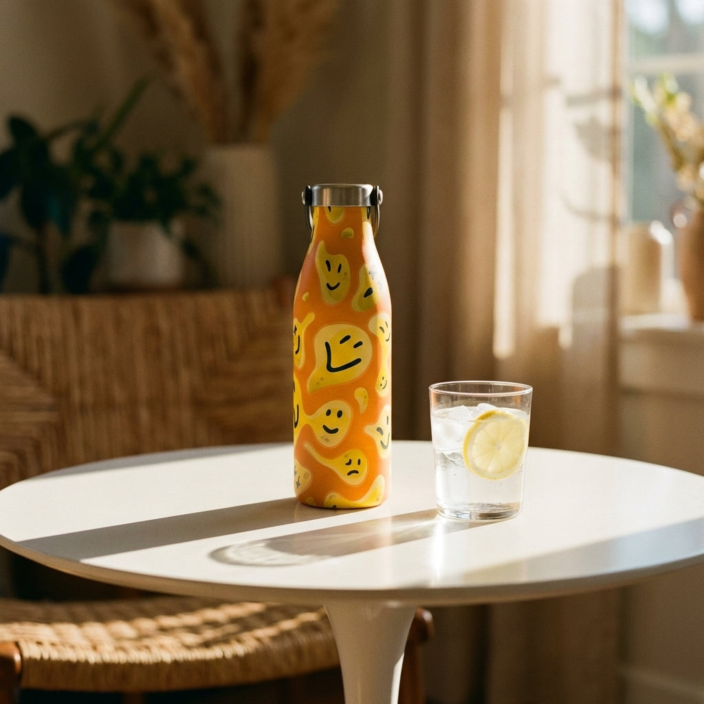 Lifestyle shot - Robson 21 oz insulated water bottle featuring a bright orange background with a pattern of yellow cartoon smiley faces in various expressions