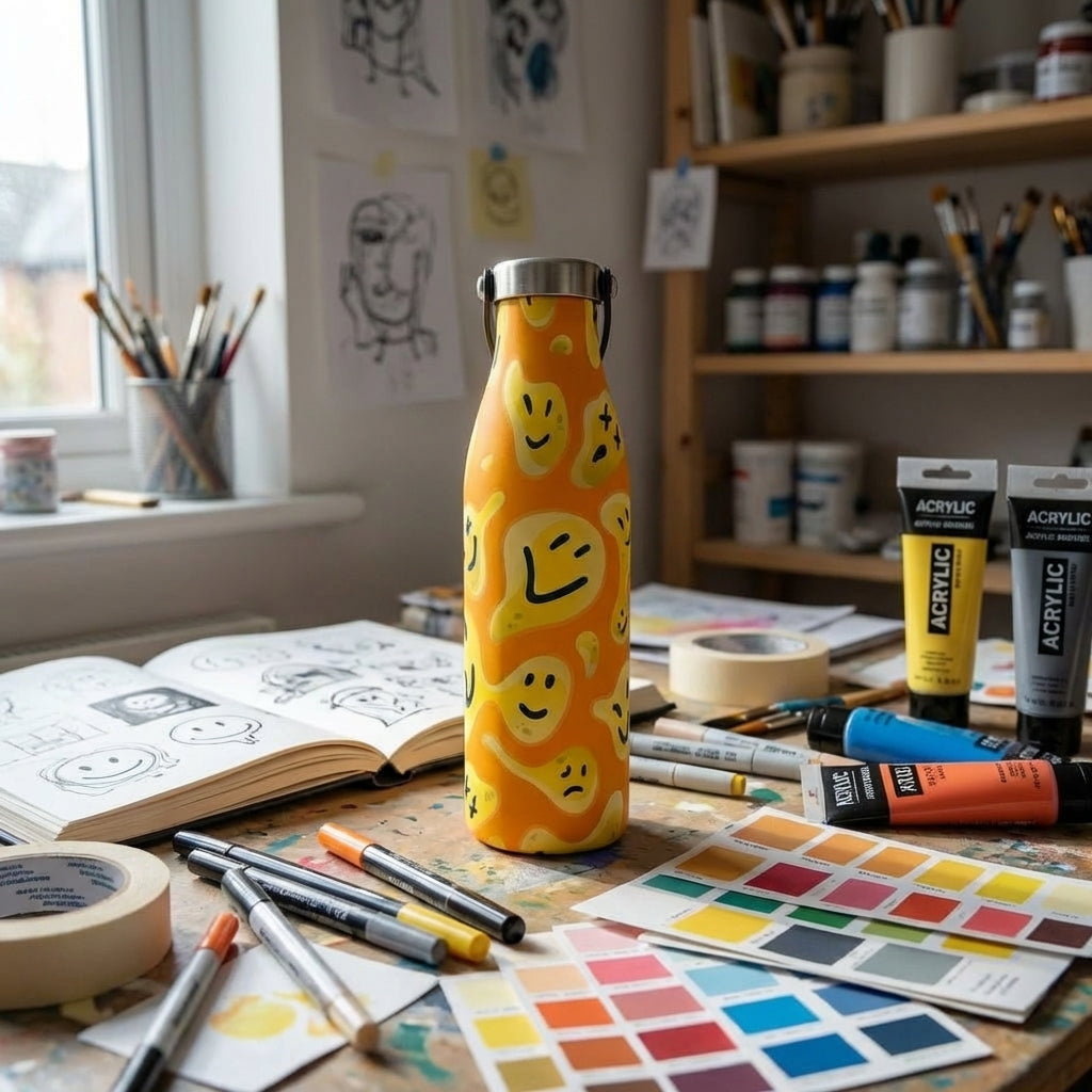 In-Use shot - Robson 21 oz insulated water bottle featuring a bright orange background with a pattern of yellow cartoon smiley faces in various expressions