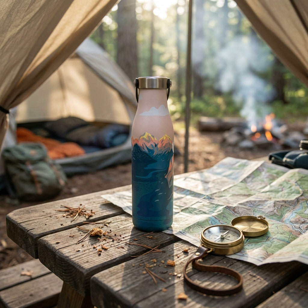 In-Use shot - Robson 21 oz insulated water bottle featuring a peach to teal gradient with a wrap-around mountain range and river illustration, silver handle top.