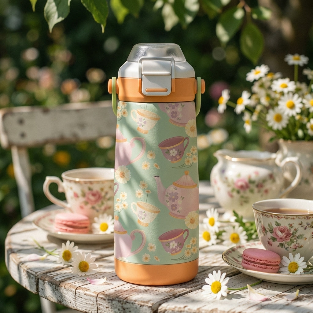 Lifestyle shot - LAMOSE Goose 14 oz kids water bottle featuring a light green body with a pattern of pink teapots, teacups, and daisies, with an orange bottom base.