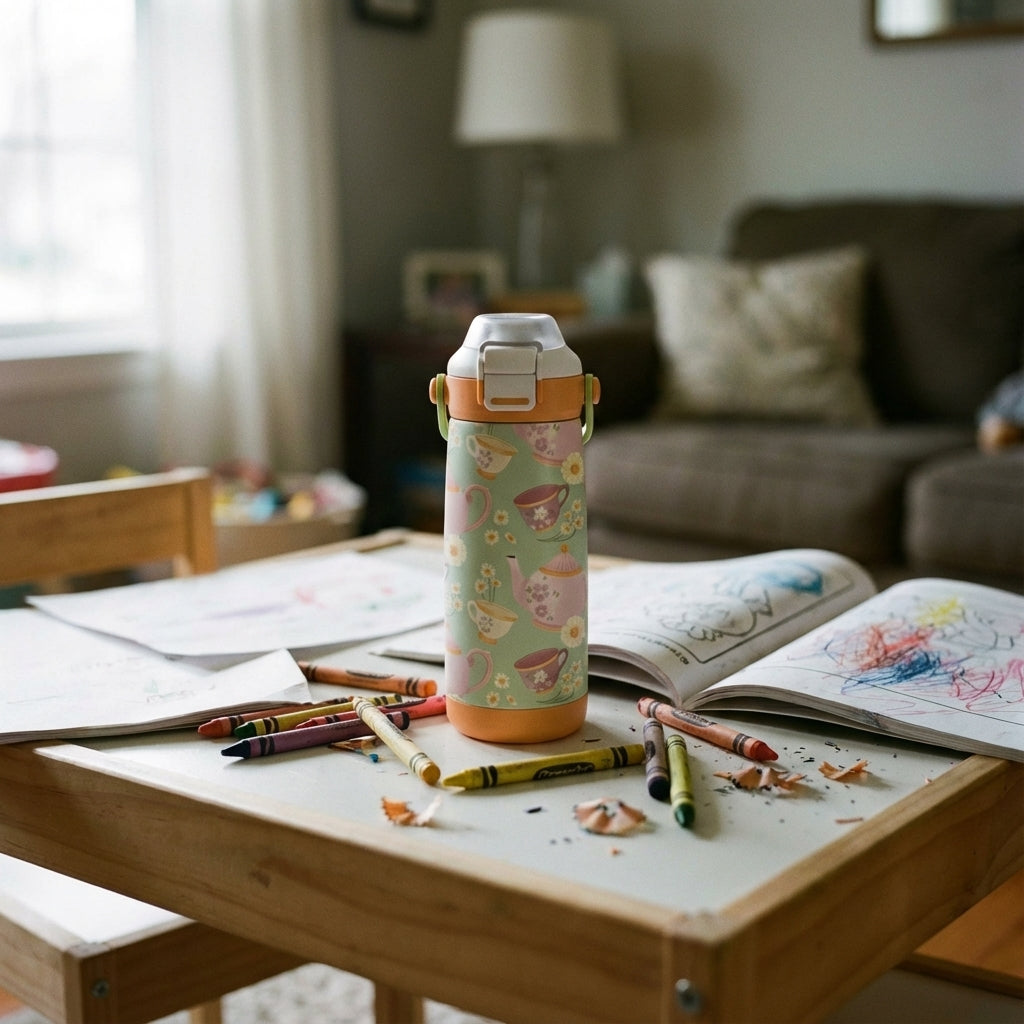 In-Use shot - LAMOSE Goose 14 oz kids water bottle featuring a light green body with a pattern of pink teapots, teacups, and daisies, with an orange bottom base.