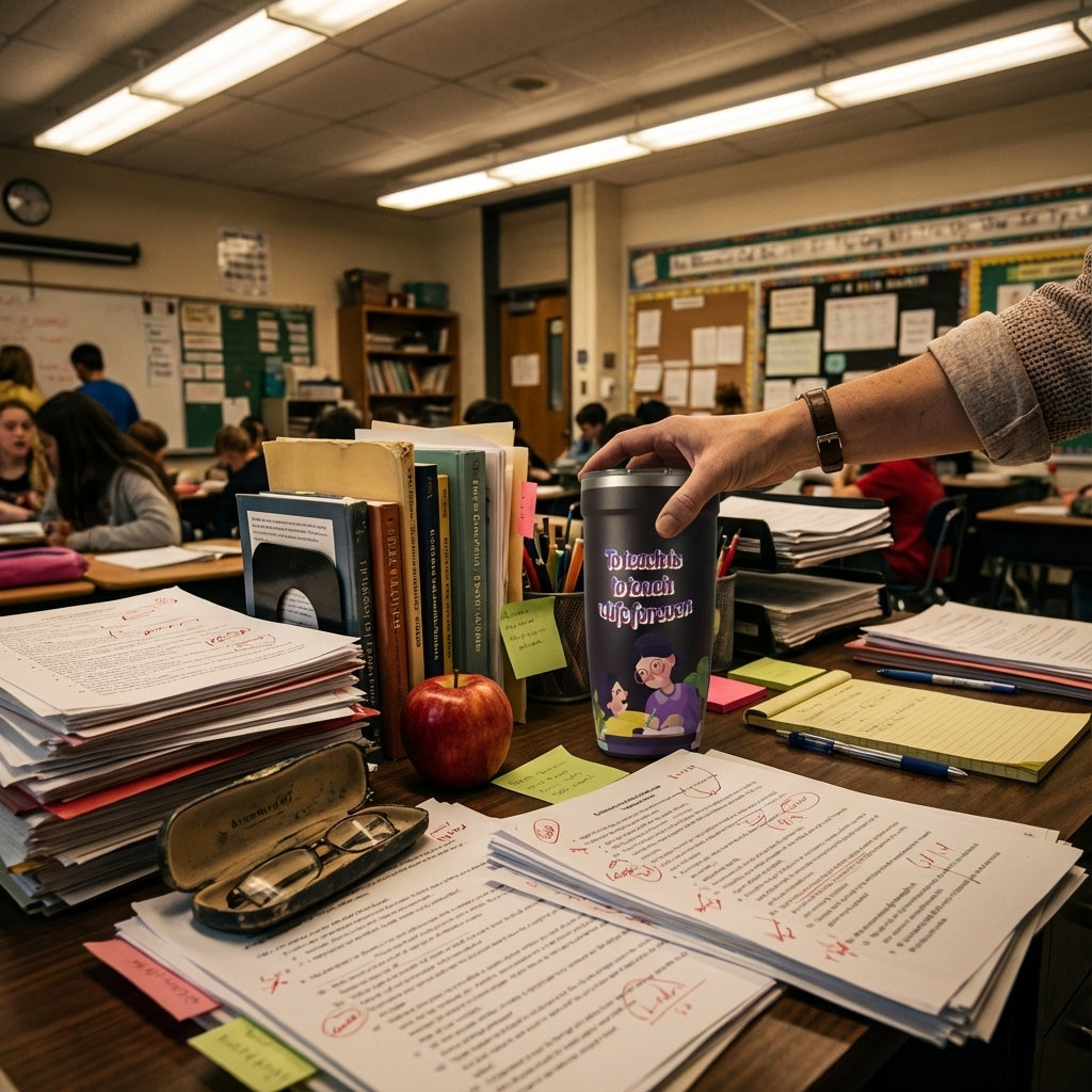 In-Use shot - Dark insulated travel cup featuring a vibrant illustration of a teacher helping a student with the iridescent quote To teach is to touch a life forever.