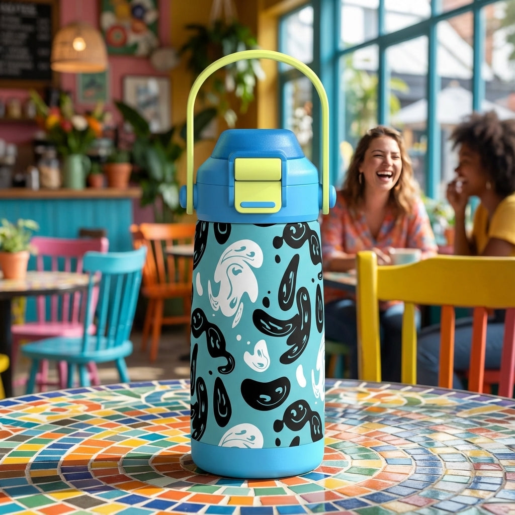 LAMOSE Goose 14oz kids water bottle featuring a pattern of black smiley faces and white swirls on a light blue background with a bright yellow handle.