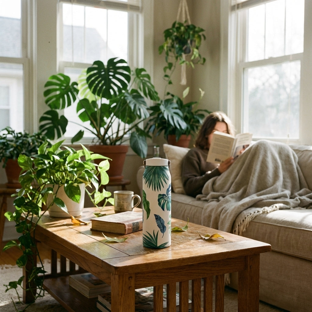 In-Use shot - White 34 oz insulated tumbler featuring a green and blue tropical monstera and palm leaf pattern standing on a wooden surface.