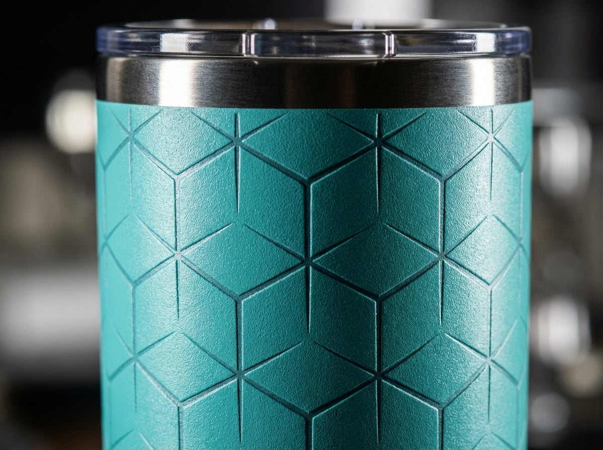 Detail shot - Close-up of turquoise Cascade 40oz tumbler with engraved geometric cube pattern sitting on a modern white desk next to a laptop and succulent plants.