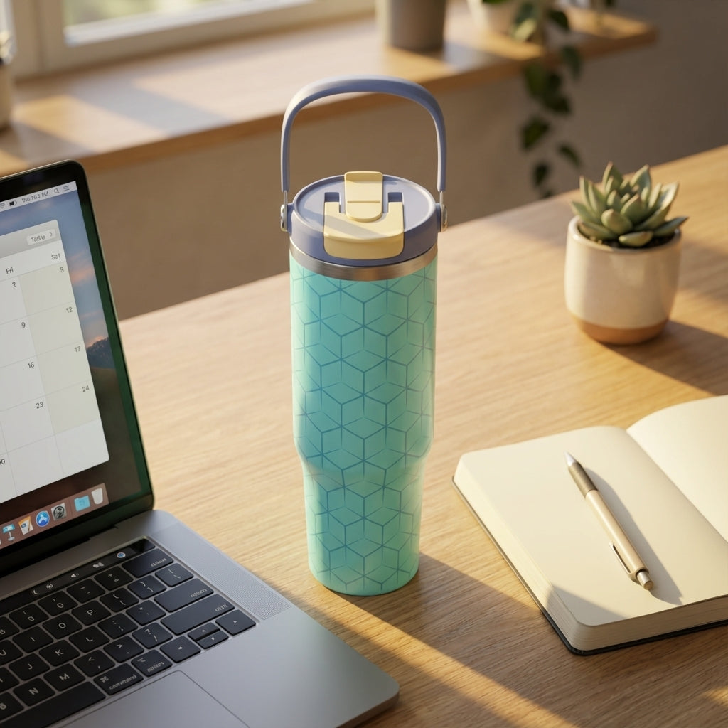 Lifestyle shot - Close-up of turquoise Cascade 40oz tumbler with engraved geometric cube pattern sitting on a modern white desk next to a laptop and succulent plants.