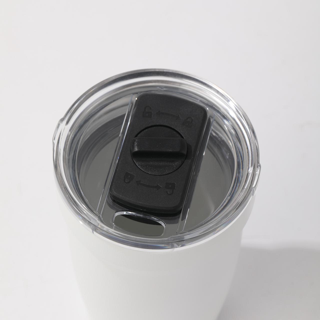 LAMOSE Peyto Pro Enamel 12oz snow white stainless steel tumbler, top view showing clear splash-proof lid with black slider and lock symbols.