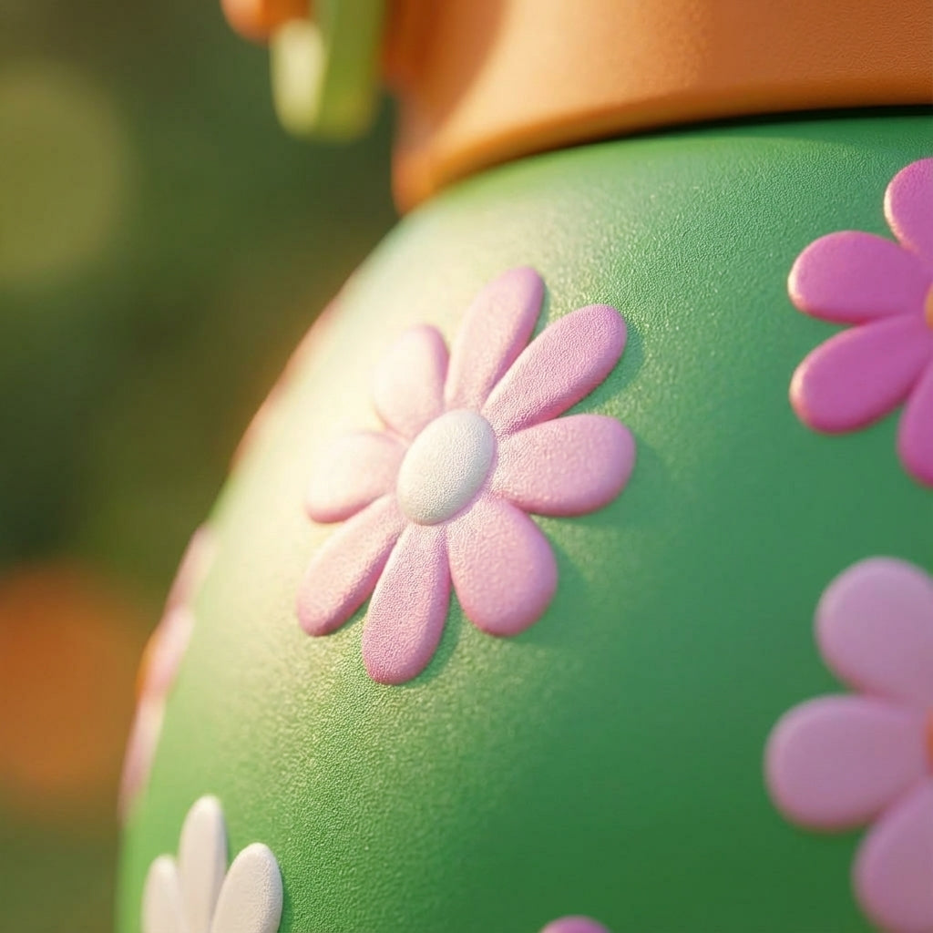 Detail shot - Green LAMOSE Goose 14 oz kids water bottle with pink and orange floral pattern resting on a mossy tree stump in a sunny meadow.