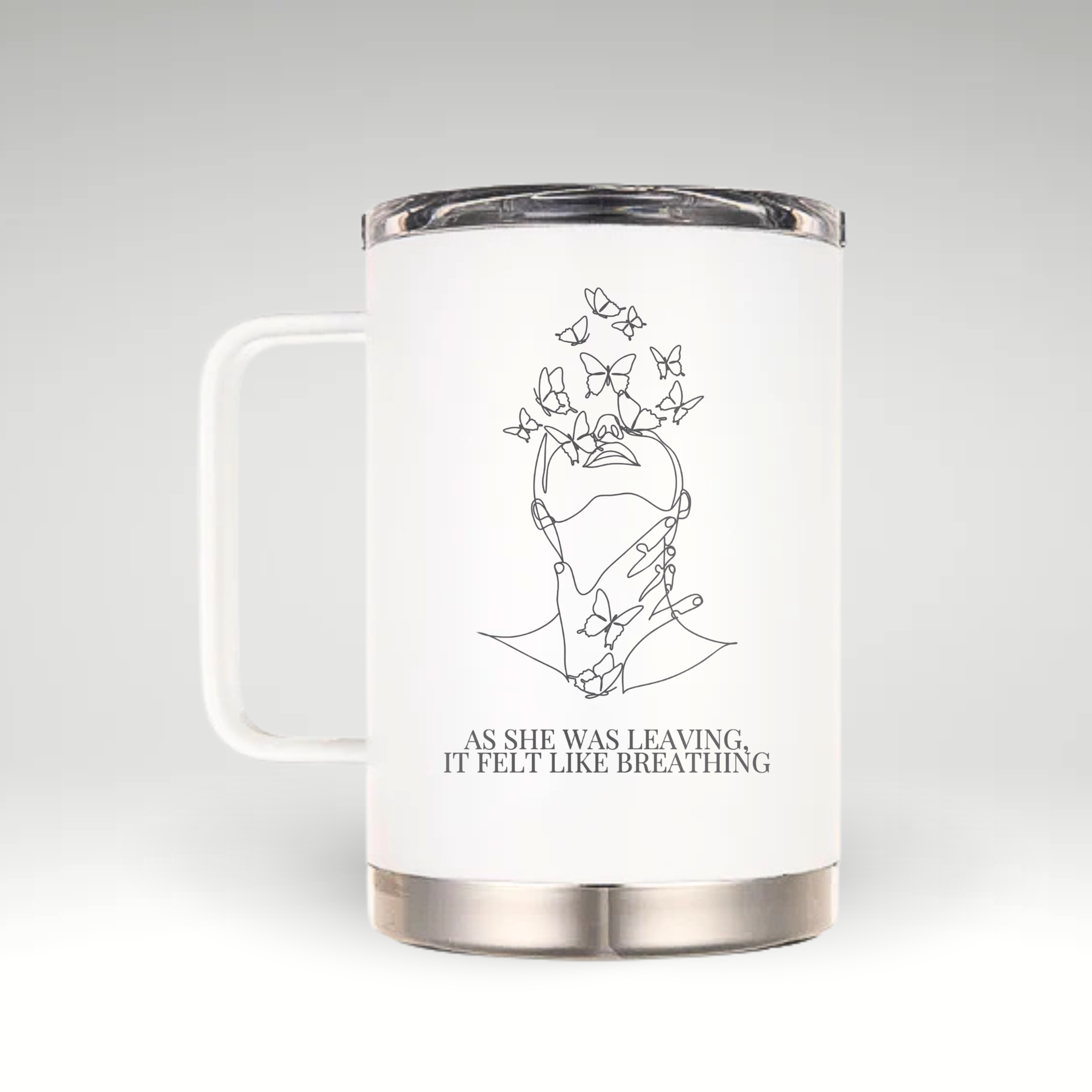 Elegant Butterfly Transformation Insulated Mug Insulated mug with minimalistic line art of person and butterflies representing transformation.