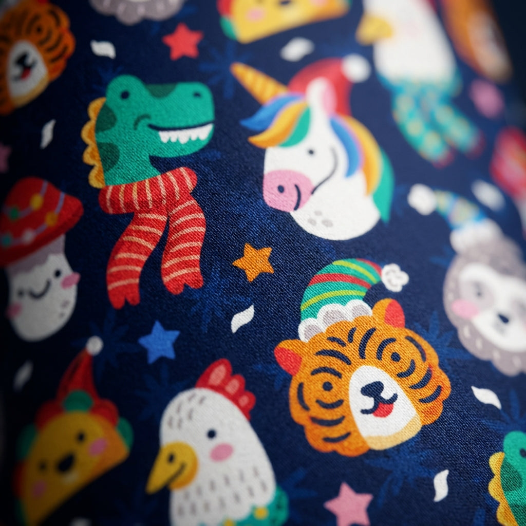 Detail shot - LAMOSE Goose 14 oz kids water bottle featuring blue body with yellow handle and cartoon pattern of tigers, dinosaurs, and unicorns wearing winter scarves.