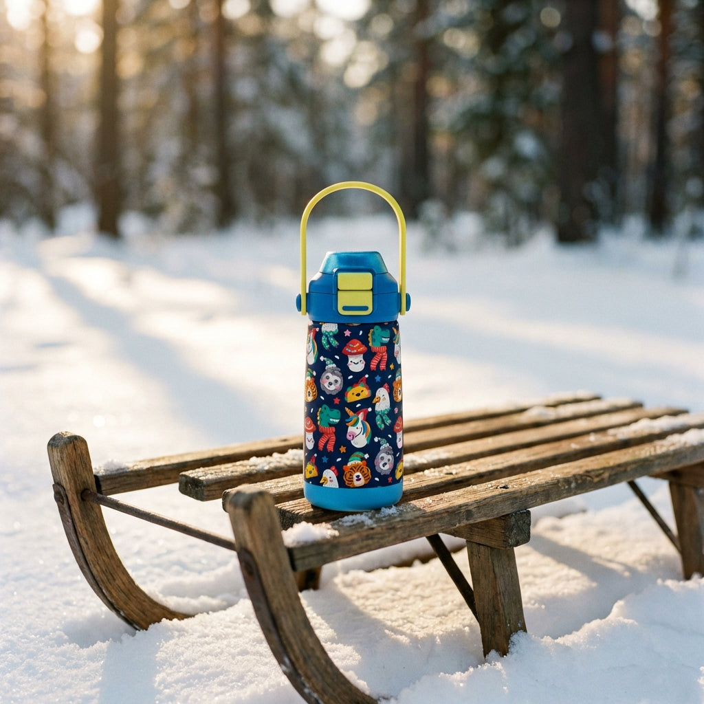 Lifestyle shot - LAMOSE Goose 14 oz kids water bottle featuring blue body with yellow handle and cartoon pattern of tigers, dinosaurs, and unicorns wearing winter scarves.